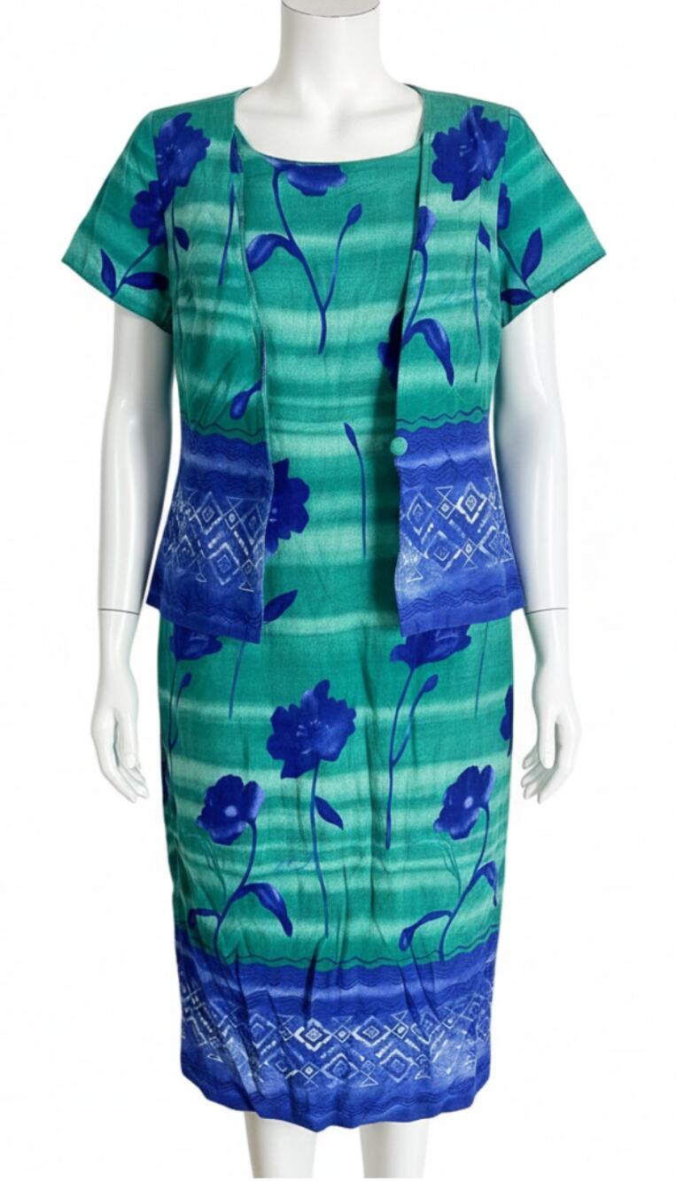 Vintage Miss Scarlett Midi Dress Size 12 Petite Blue Green Short Sleeve Retro
